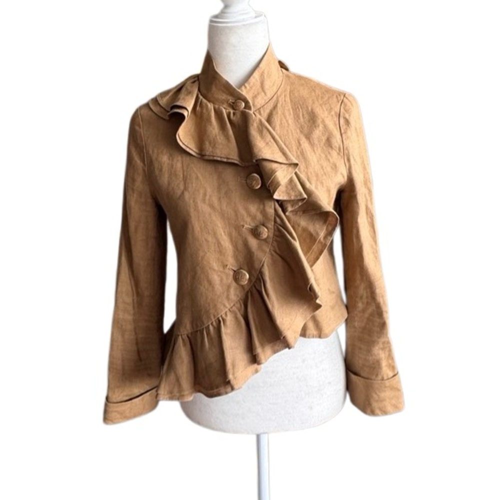 Anthropologie Ruffian Jacket Linen Silk Gold Blazer Asymmetric SZ 0 - Picture 2 of 11